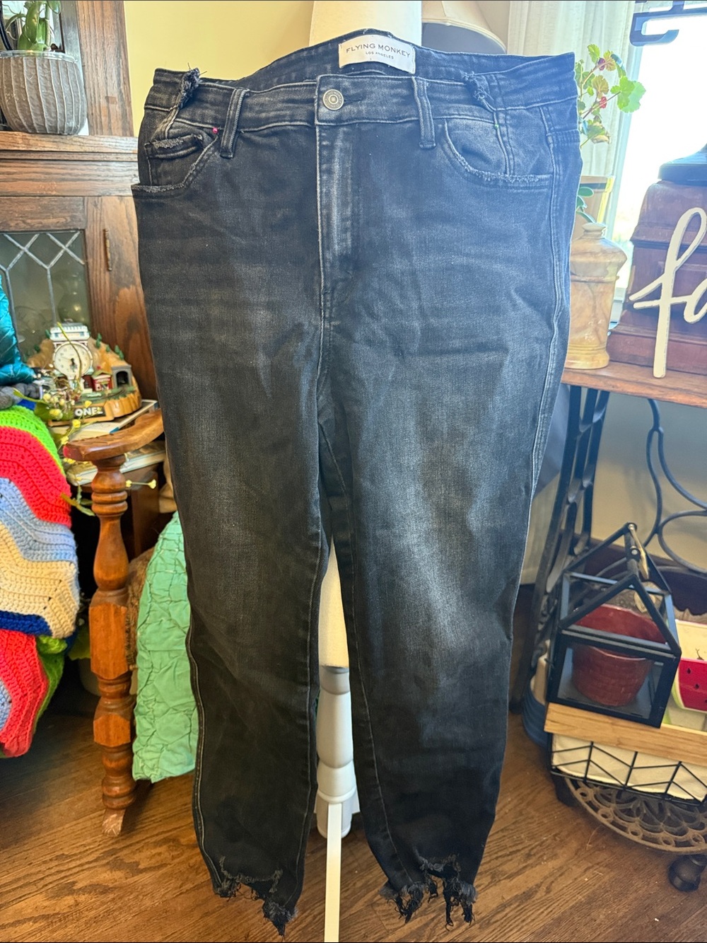 Flying Monkey Black Washed Distressed Ankle Jeans